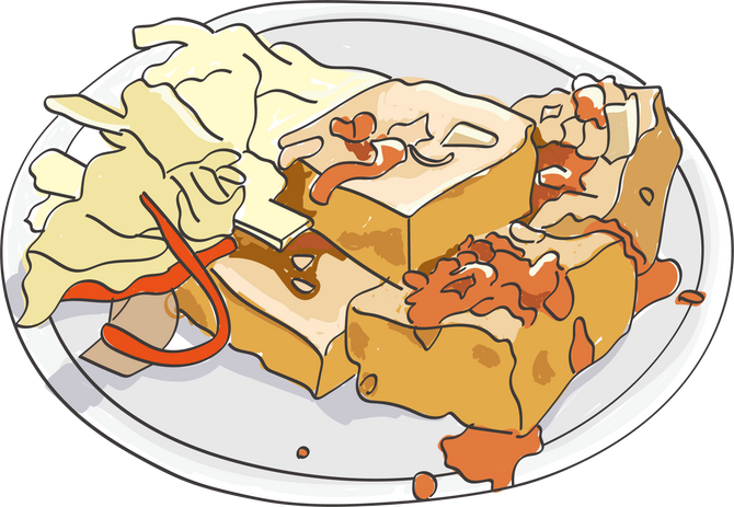 Fried stinky tofu with pickle vegetable and sauce on the side Illustration.